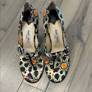 Jimmy Choo Green Floral Pattern Mid-Heel Pumps